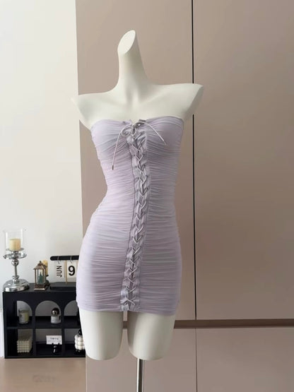 Lavender Ruched Lace-Up Mini Dress