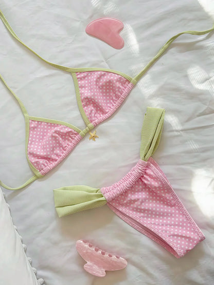 Pink Polka Dot Green Trim Triangle Bikini Set