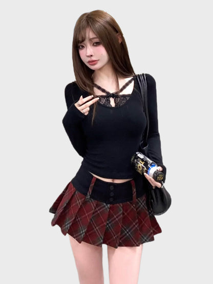Dark Academia Baby Lace Top & Plaid Mini Skirt