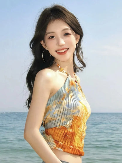 Painterly Print 3-Piece Beaded Bikini Set with Sarong