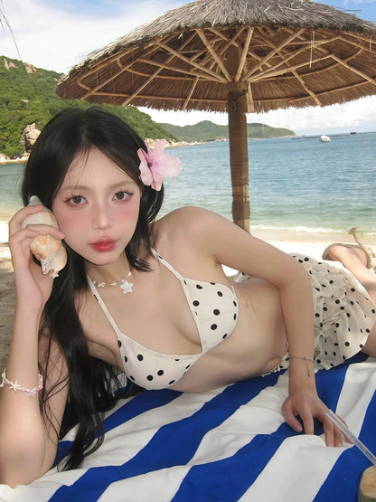 Polka Dot Triangle Halter Bikini Sets With Ruched Skirt