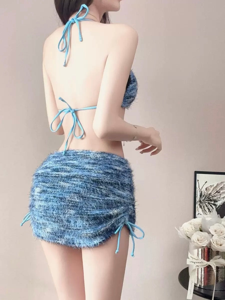 Ocean Blue Fuzzy Three-Piece Bikini Set