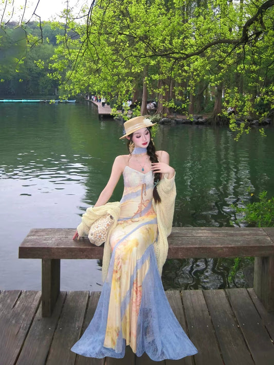 Monet Garden Yellow Blue Lace Maxi Dress