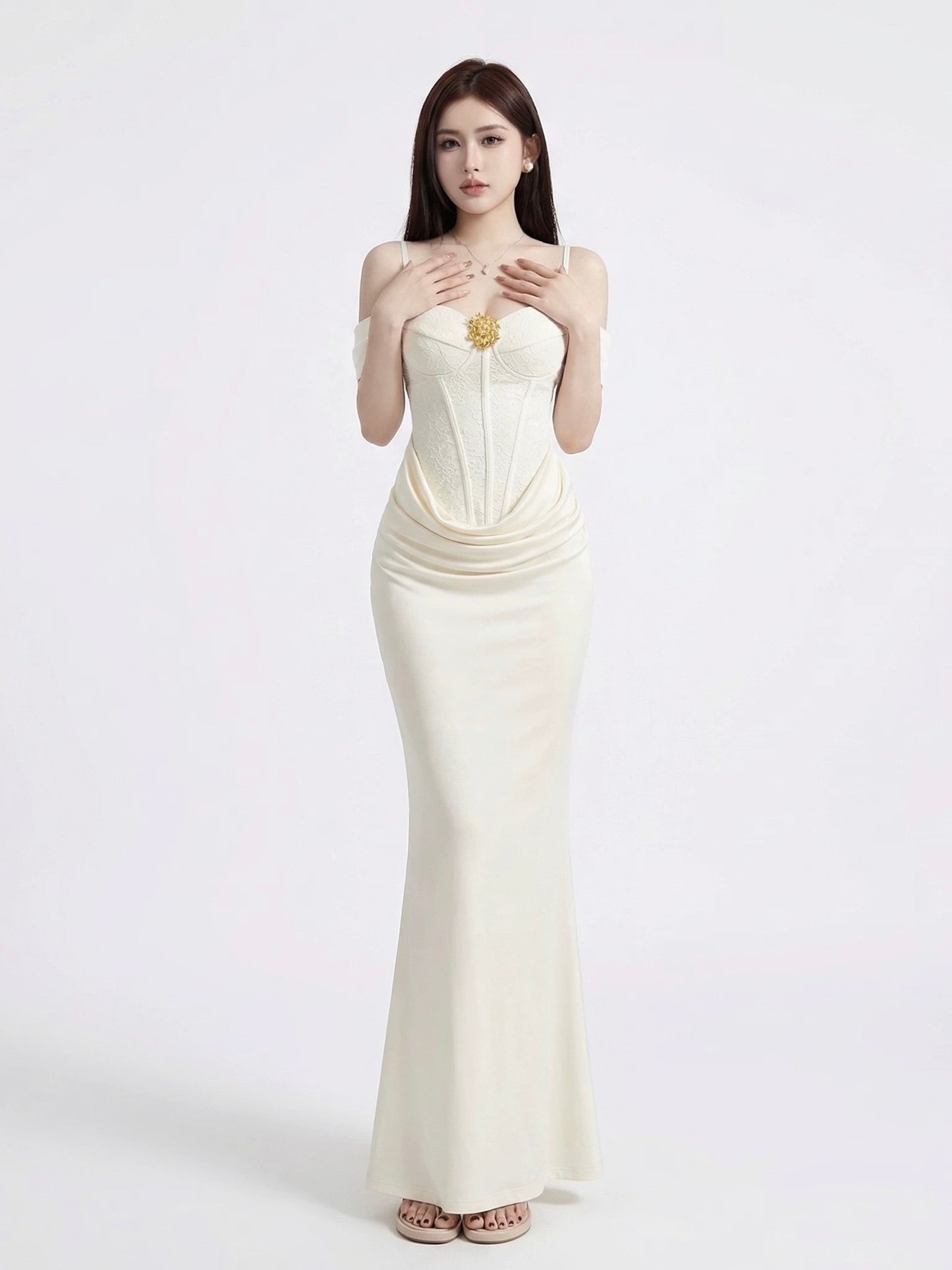 Ivory Rosette Corset Maxi Dress