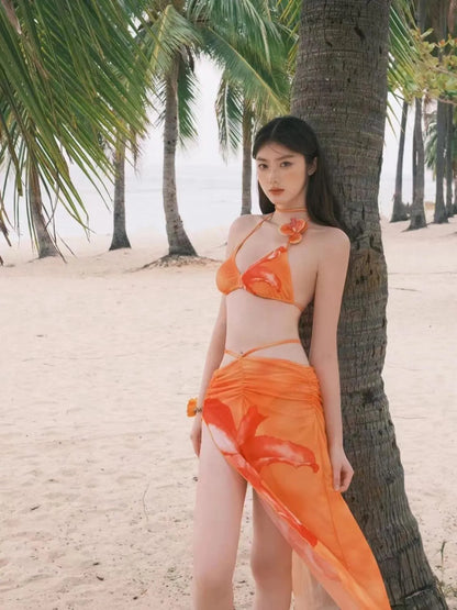 Orange Floral Print Bikini Set with Skirt - 3 Piece Bikini Set