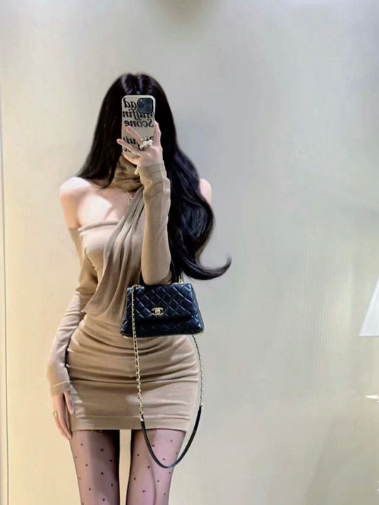 Mocha Veil Off-Shoulder Knit Mini Dress