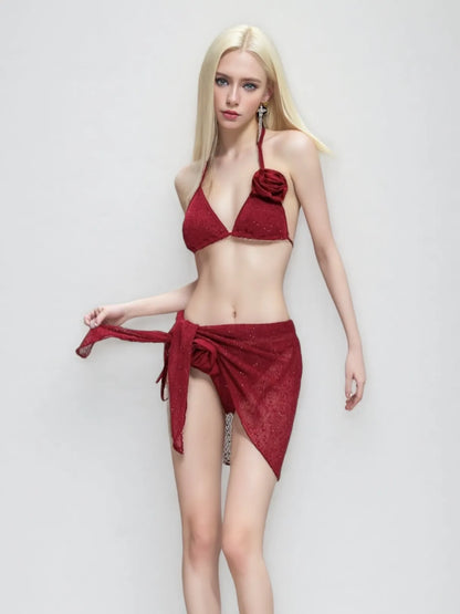 Rosie Red 3-Piece Bikini Set - Shimmer Net with 3D Floral & Matching Sarong