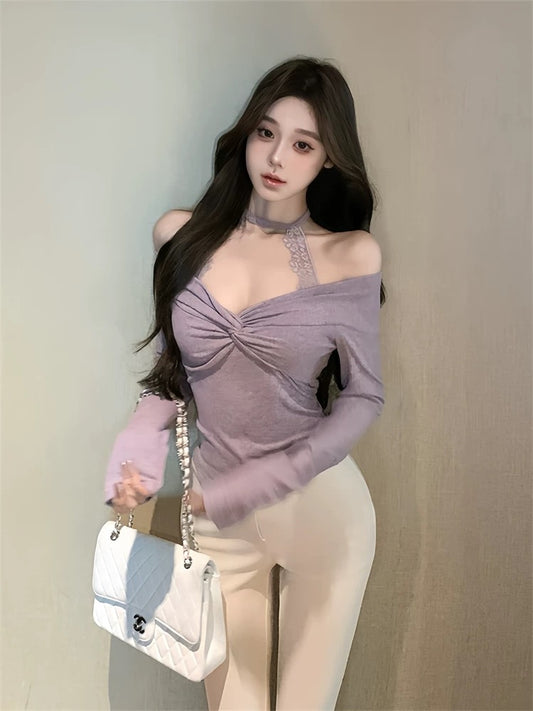 Lavender Off-Shoulder Twist Top with Lace Halter Detail