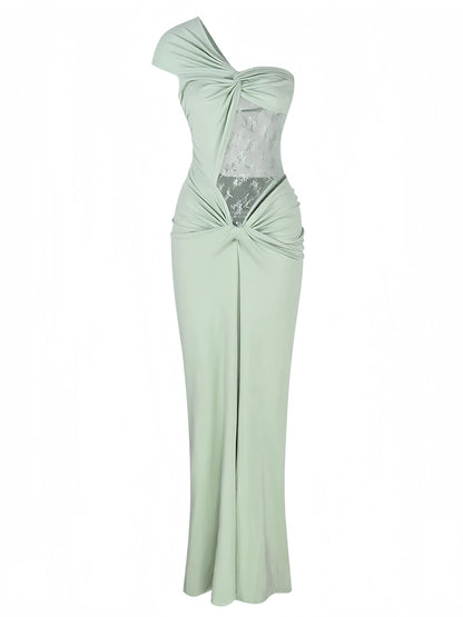 Mint Green One-Shoulder Lace Cut Out Maxi Dress