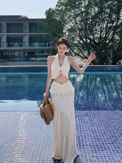 Ivory Mirage 3-Piece Bikini Set – Halter Top, Bikini Bottom & Maxi Skirt