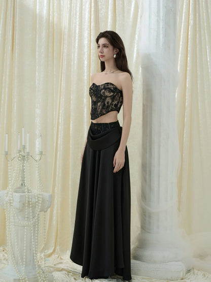 Crow Crew Black Lace Corset Top and Maxi Skirt Set - PREORDER