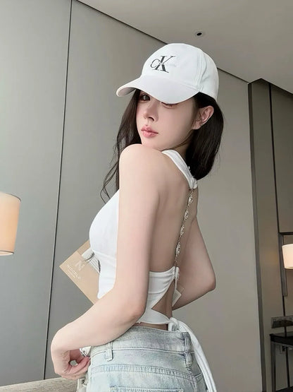 White Crystal Chain Back Padded Halter Top
