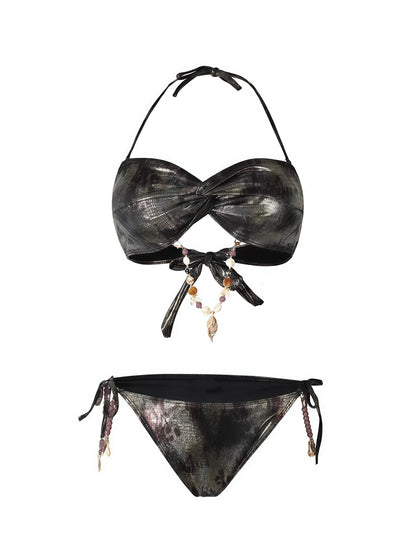 Metallic Beaded 3-Piece Bandeau Bikini Set
