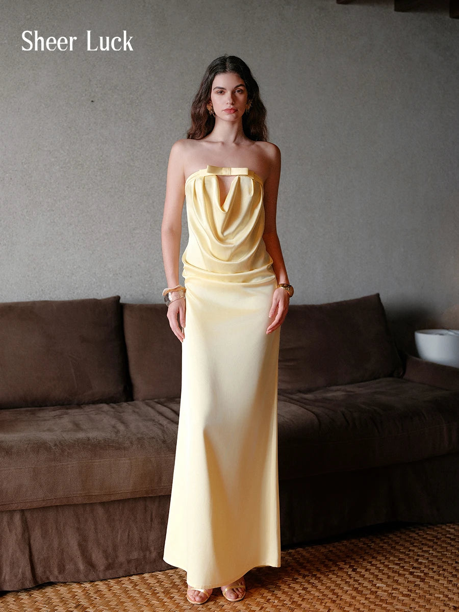 Aurelia Satin Strapless Cowl Neck Backless Maxi Dress