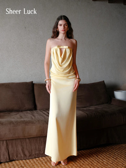 Aurelia Satin Strapless Cowl Neck Backless Maxi Dress
