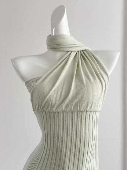 Sage Green Asymmetric Halter Knit Mini Dress