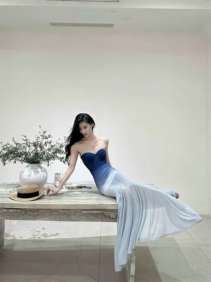 Mermaid Gradient Blue Padded Mesh Maxi Dress