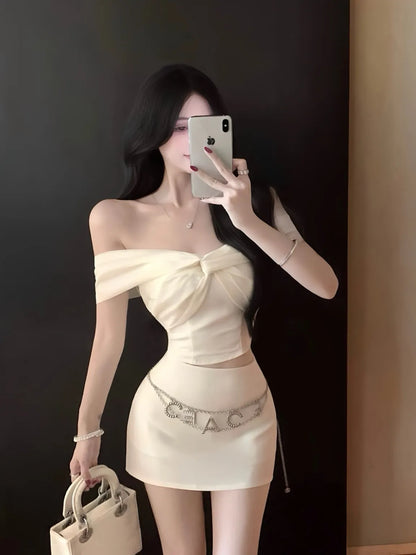 Off-Shoulder Ivory Two-Piece Dress Set with Chain Belt
