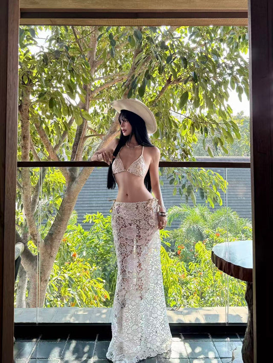 Ivory Lace Resort Set - 3 Piece Bikini Set with Pearl Waist Chain