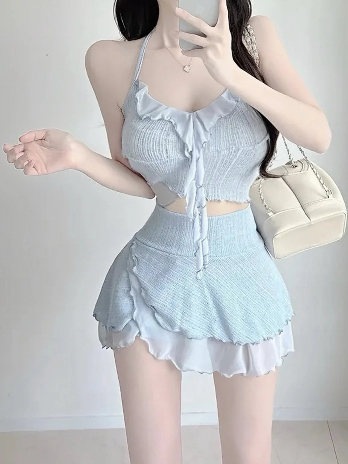 Light Blue Ruffle Halter Tankini Swimsuit