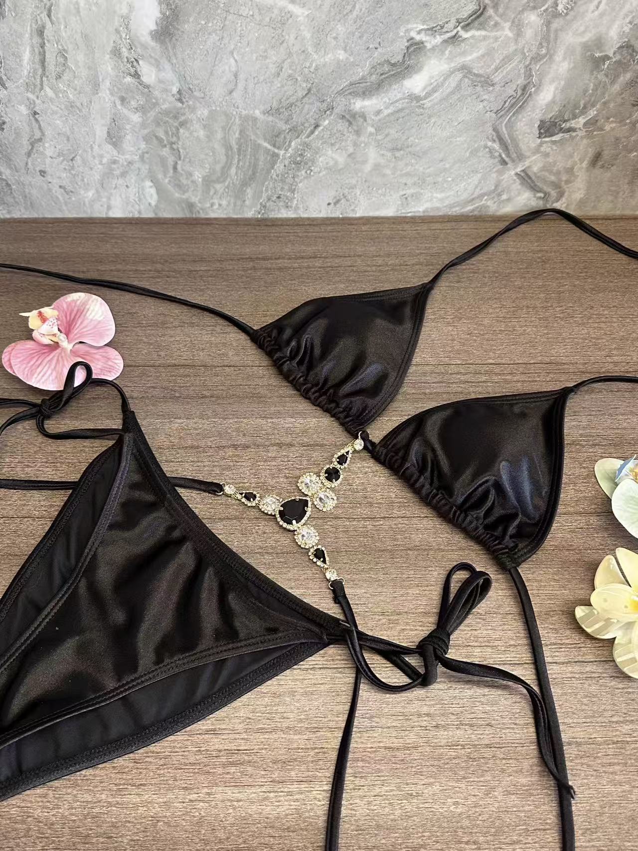 Black Diamanté Bikini 3-Piece Set