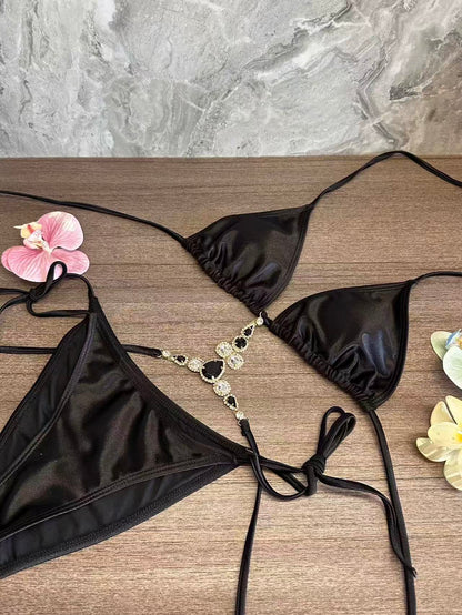 Black Diamanté Bikini 3-Piece Set