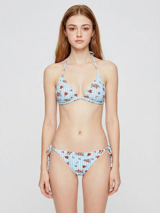 Floral Stripe Triangle Bikini Set with Sarong - 3-Piece