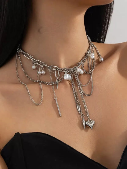 Multi-Layered Faux Pearl Heart Choker Necklace