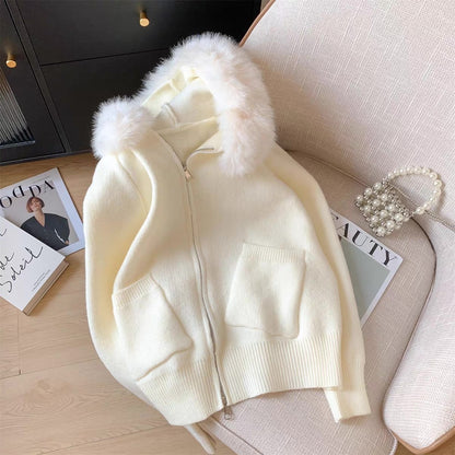 Snowy White Knit Zip-Up Jacket With Detachable Faux Fur
