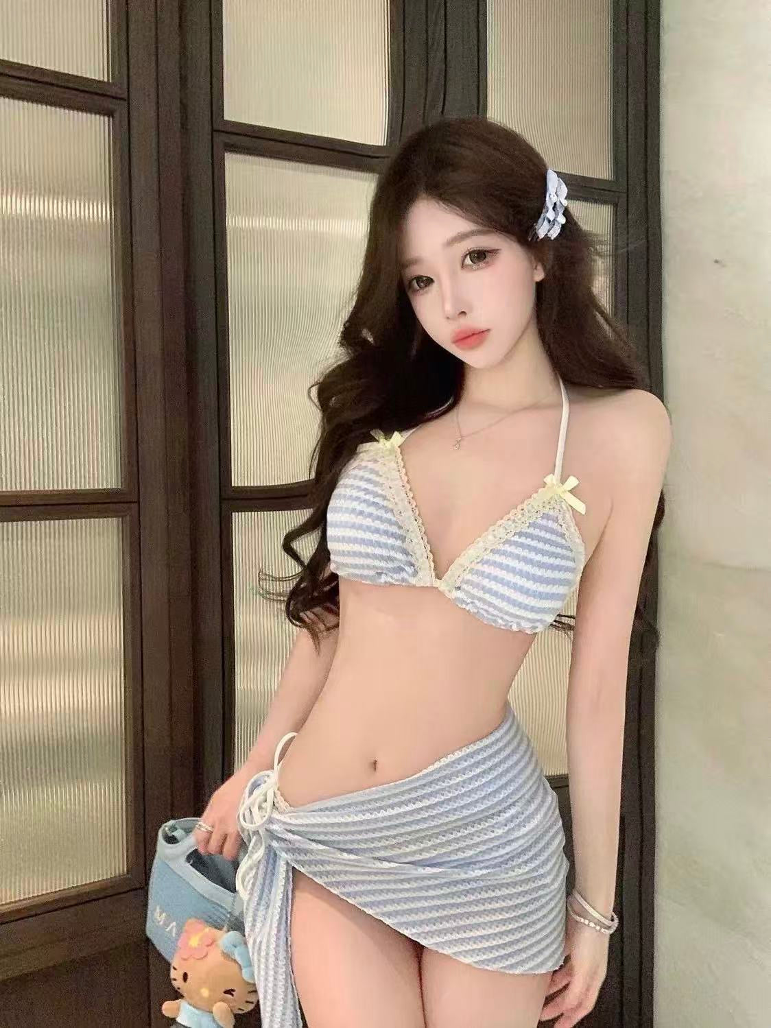 Bluebell Breeze Striped Halter Bikini Set with Sarong