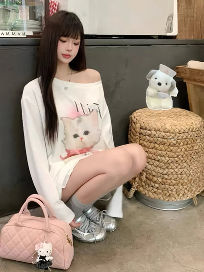 Cat Print Sheer Long Sleeve Top