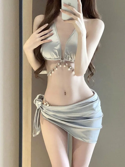 Celeste Silver Satin Luxe 3-Piece Bikini Set - Pearl Charms (Est Shipping February)