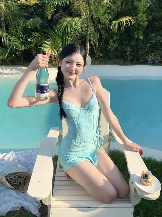 Chamomile Dream Baby Blue One-Piece Swimsuit with Skirt — Floral Embroidery & Underwire