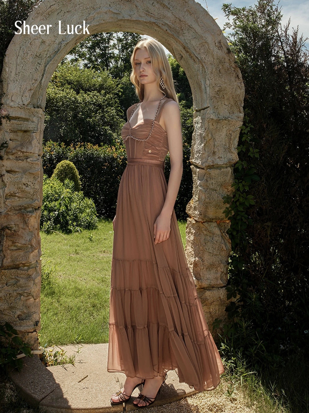 Tia Handmade Beaded Ruched Chiffon Mesh Halter A-Line Maxi Dress