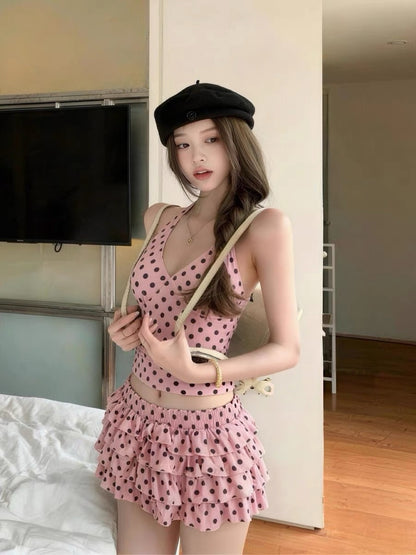 Rosé Polka Bikini Set with Ruffle Skirt