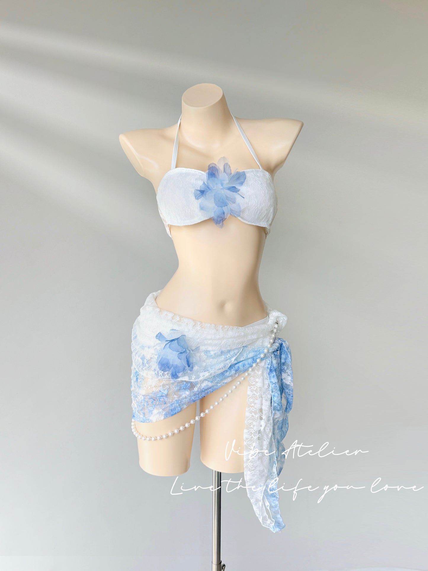 Floral Lace Bandeau Bikini Set with Sarong - 3 Piece Set