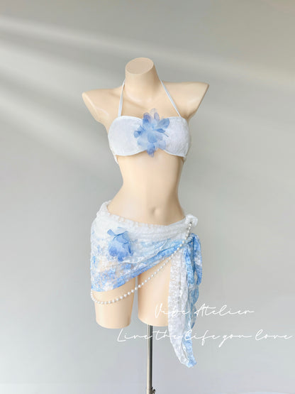 Floral Lace Bandeau Bikini Set with Sarong - 3 Piece Set
