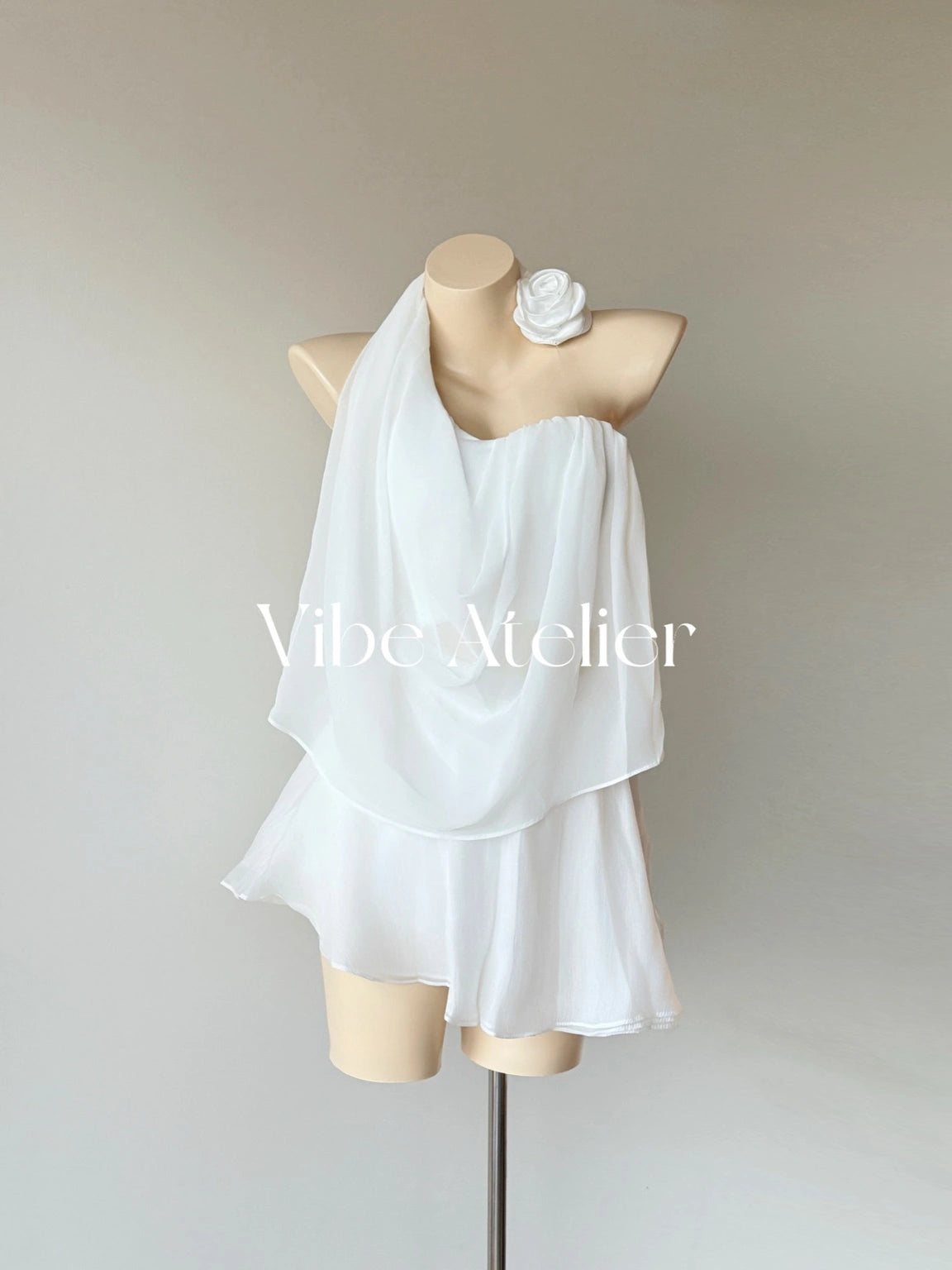 White Rosette Drape Set – Padded Halter Top with Skirt