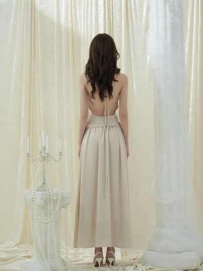 Crow Crew Champagne V-Neck Spaghetti Strap Backless Maxi Dress - PREORDER