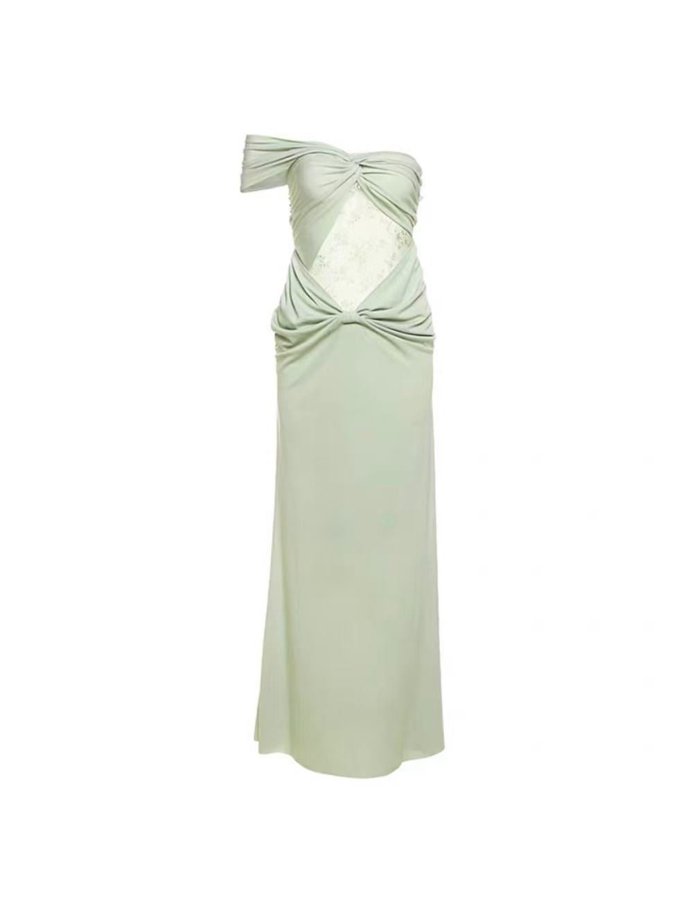 Mint Green One-Shoulder Lace Cut Out Maxi Dress