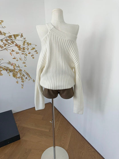 White Asymmetric Cut-Out Knit Sweater