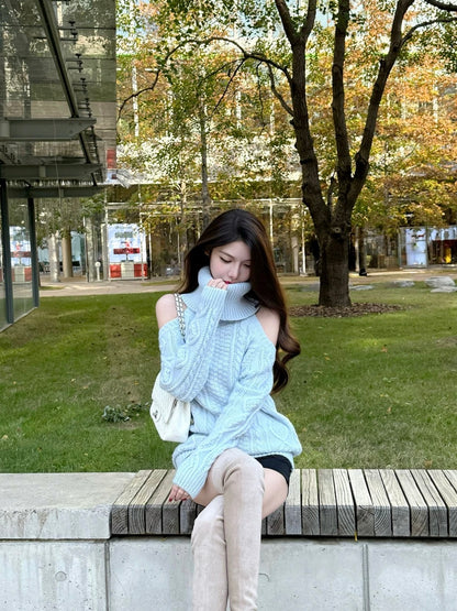 Sky Blue Cable Turtleneck Knit Sweater