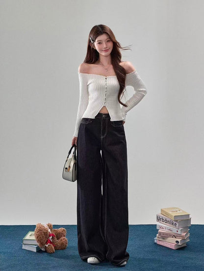 Off-Shoulder Soft Pearl Ribbed Knit Top