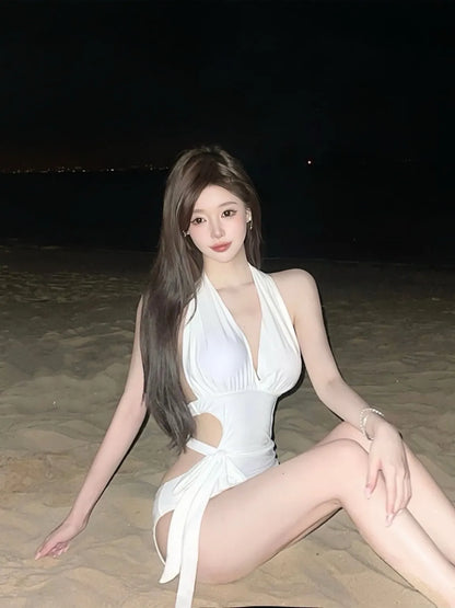 Elegant White Halter Cutout One-Piece Swimsuit and Sarong