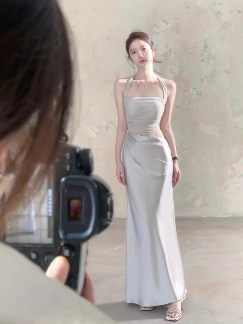 Moonlit Silver Mesh Halter Padded Maxi Dress