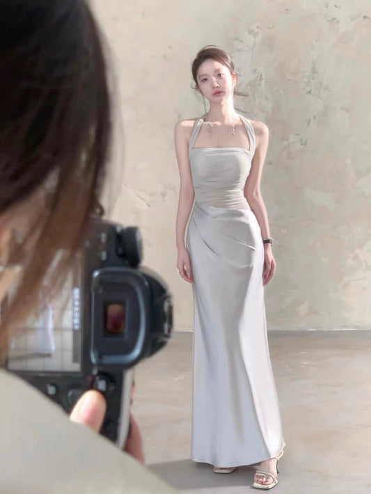 Moonlit Silver Mesh Halter Padded Maxi Dress