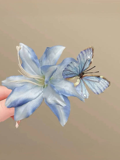 Blue Floral Butterfly Hair Clip