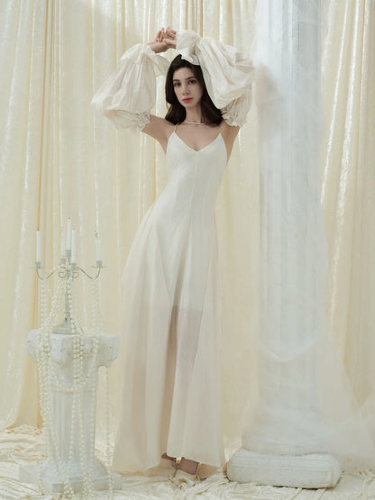 Crow Crew Backless Spaghetti Strap Dress with Detachable Puff Sleeves - PREORDER