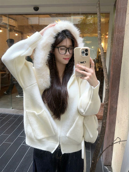 Snowy White Knit Zip-Up Jacket With Detachable Faux Fur