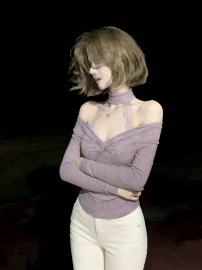 Lavender Off-Shoulder Twist Top with Lace Halter Detail